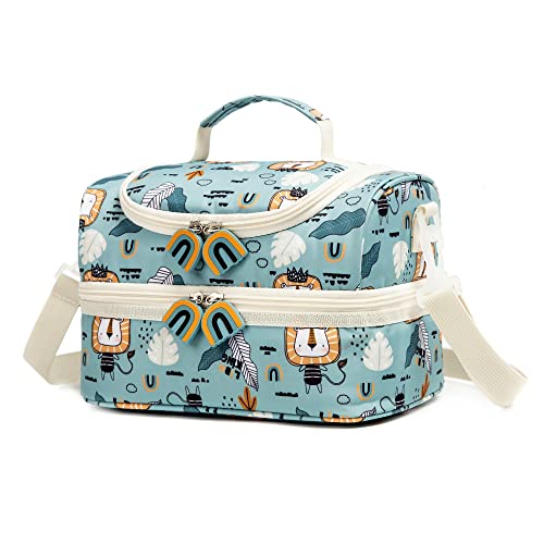 Insulated Kids Double Decker Lunch Bags Tote for Girls Boys Toddler Kindergarten School Picnic Camp Food Cooler Lunch Boxes Thermal with Strap (Lion) - color: Lion
