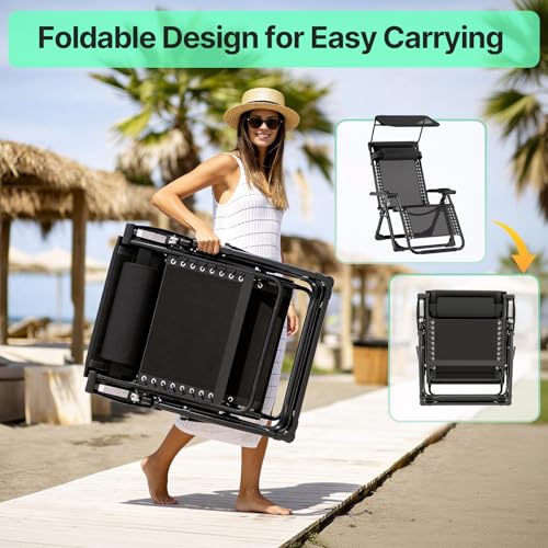 Suteck Zero Gravity Chair with Canopy, Reclining Camping Lounge Chair w/Removable Cushion, Upgraded Lock and Cup Holder, Reclining Patio Chairs Folding Recliner for Indoor and Outdoor - color: 26inch Black With Canopy