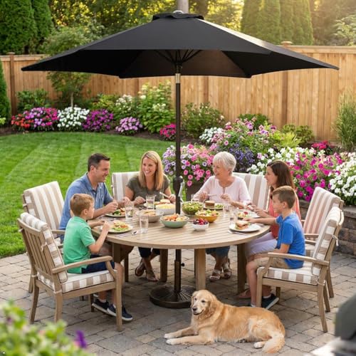 Yaheetech 9FT Patio Umbrella Outdoor with Heavy Duty Base Included,Table Umbrella with Push Button Tilt and Crank, UV Protection Waterproof for Yard/Outdoor/Wedding Parties and Events - Black - color: Black, size: 9FT