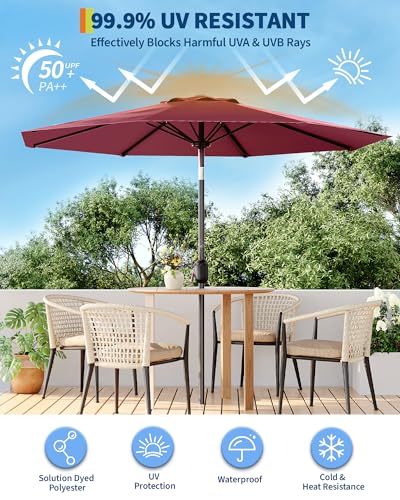 GarveeLife Outdoor Patio Umbrella, Table Market Umbrella with Push Button Tilt and Crank, 8 Sturdy Ribs UV Protection Waterproof for Garden, Deck, Backyard, Pool - color: Dark Red, size: 9ft
