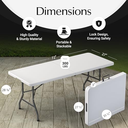 10 Pack of 6 Feet Foldable Table with Built in Handle & Steel Legs | Heavy Duty Portable | Perfect for Party, Dining, Wedding, Events, Picnic Indoor, Outdoor, Camping, Utility, Temporary - color: White, size: 10 PACK - 6 FT