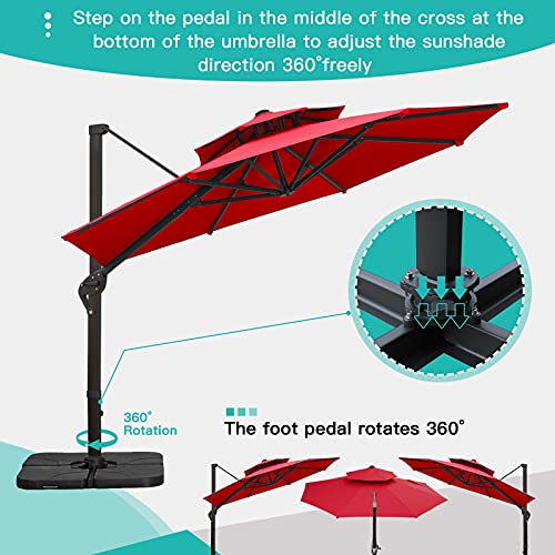 Sunnyglade 11FT Double Top Cantilever Patio Umbrella Deluxe Offset Umbrella 360° Rotation & Integrated Tilting System Heavy Duty Outdoor Umbrella for Market Garden Deck Pool Backyard Patio(Red) - color: Red