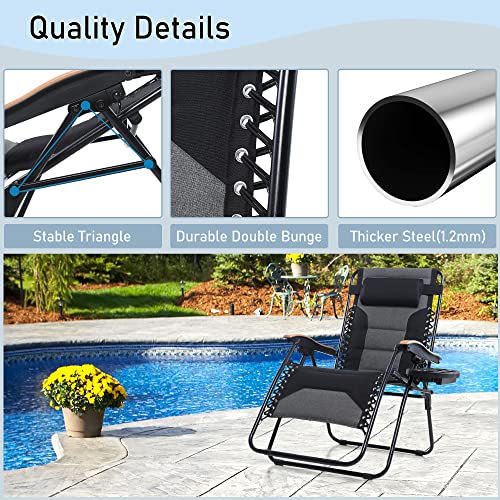 PHI VILLA XXL Oversized Padded Zero Gravity Chair Set of 2, Foldable Patio Recliner, 30" Wide Seat Anti Gravity Lounger with Armrest and Cup Holder, Support 400 LBS (Black) - color: Black, style: 2 Pcs