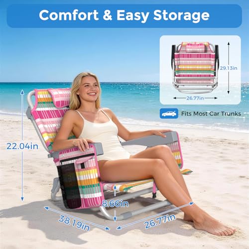 5-Position Backpack Beach Chair for Adults with Lumbar, Foldable Tall Heavy-Duty Beach Chairs with Cooler Bag,Cup Holder,Towel Rack for Beach, Camping, Outdoor (2, Rainbow Pink) - color: Rainbow Pink, size: 2 pack