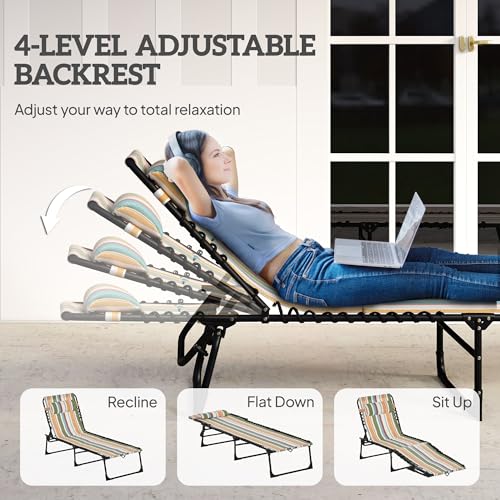 Outsunny Folding Chaise Lounge Chair, Patio Sun Tanning Chair, Outdoor Chaise Lounger with 4-Position Reclining Back, Breathable Mesh Seat for Beach, Poolside, Yard, Rainbow Striped - color: Rainbow Striped, size: 1 Pack