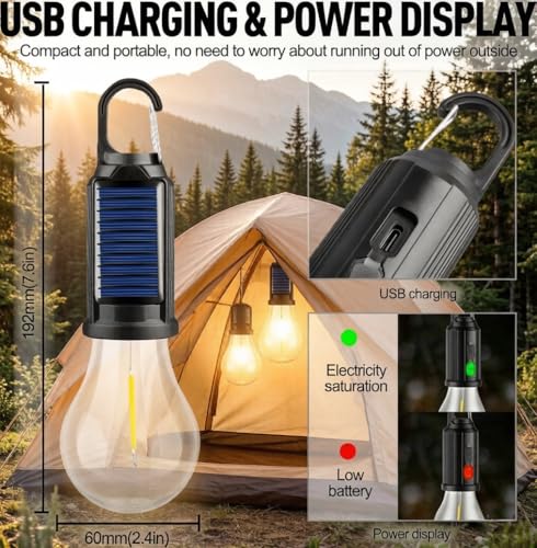 4 Packs Solar Tent Camping Lantern Rechargeable, Portable LED Outdoor Waterproof Emergency Lanterns with 3 Modes, Hanging Tent Light Bulbs with Clip Hook for Camping Hiking Hurricane Outages