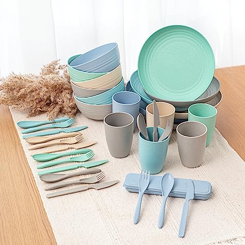 FOODLE Wheat Straw Dinnerware Set - BPA Free & Safety Certified - Microwave & Dishwasher Safe - Perfect for Kids, College Dorm, Picnic, Camper, RV Dishes - Camping Plates Cups and Bowls Set - For 6 - color: Multicolor 2