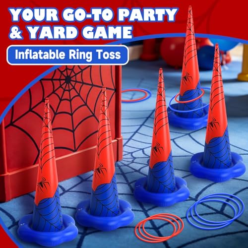 5 Pack Inflatable Spider Web Ring Toss Game - Red and Blue Spider Themed Birthday Party Games with 10 Plastic Rings & Pump, Indoor Outdoor Carnival Toss Toy for Kids Party Favors - color: Red Blue Spider