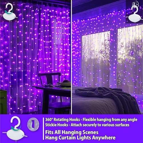 HXWEIYE 300LED Fairy Curtain Lights, 9.8x9.8Ft USB Plug-in 8 Modes Christmas String Hanging Lights with Remote for Bedroom Backdrop Wedding Indoor Wall Decor, Purple, Standard – 1 Pack - color: Purple, size: Standard – 1 Pack