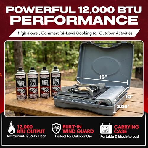 12,000 BTU Portable Butane Camping Stove with 4 x 8oz. Butane Fuel Canister Combo, Double Wind-Guard Portable Stove w/Carry Case for Road Trips, Camping, Tailgating & Emergencies by Chef Master 90235