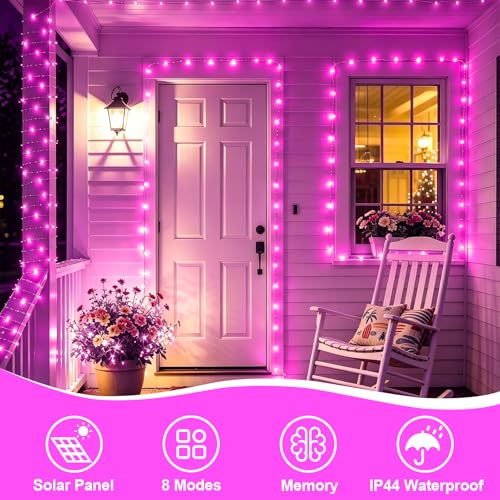 YEGUO 4 Pack Pink Solar Fairy Lights, Each 33ft 100 LED Christmas Lights Outdoor Waterproof, 8 Modes Sliver Wire Solar String Lights - color: Pink