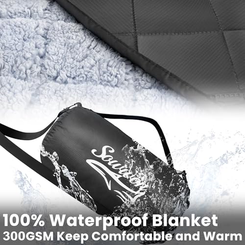 Waterproof Outdoor Blanket 82”X 55” Packable, Stadium Blankets for Camping with Sherpa Fleece Lining, Large Windproof Emergency Throw for Garss Picnic Hiking Road Trip, Machine Washable, Black 300GSM - color: Sherpa Black-300 Gsm, size: 82"x 55"