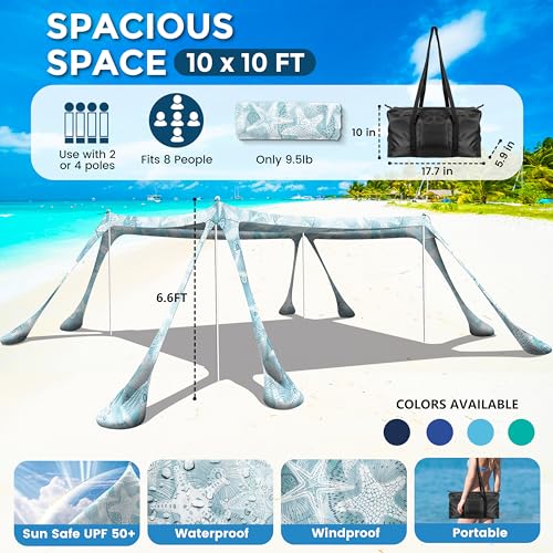 Beach Canopy Beach Tent Pop Up Shade 10x10ft Sun Shelter UPF50+ with 8 Sandbags-2 Sand Shovel-4 Aluminum Poles-Ground Pegs-Portable Carrying Bag for Outdoor Family Camping Fishing Yard Picnic - color: Starfish
