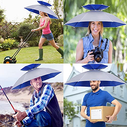 Umbrella Hat, 37 inch Fishing Umbrella Hat Hands Free Foldable UV Protection Umbrella Cap Adjustable Headwear for Fishing Golf Camping Beach Gardening Sunshade Outdoor - color: Silver/Double Layer