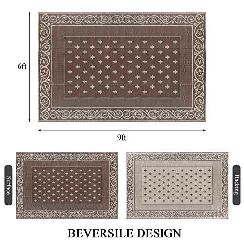 Pauwer Waterproof Outdoor Rug 6x9, Reversible Plastic Straw Patio Camping Rug, Indoor Outdoor RV Mat Carpet for Deck, Camper, Porch, Balcony, Backyard, Picnic, Bordered Brown - color: Bordered Brown, size: 6' x 9' (Rectangular)
