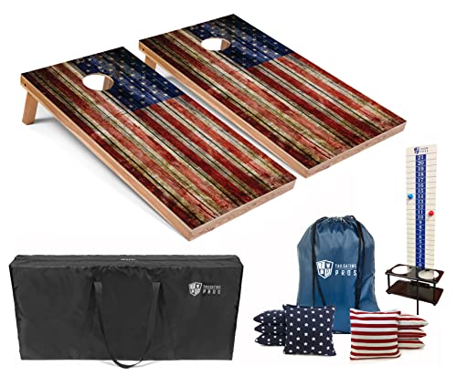 Tailgating Pros Cornhole Boards - 4'x2' Regulation Boards w/Carrying Case, Score Keeper, & Set of 8 Corn Filled Bags w/Tote - size: 4'x2' Boards, style: Rustic Flag