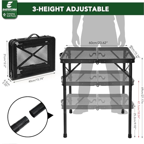 E EASTSTORM Folding Grill Table for Outside, 3 Height Adjustable,Small Camping Table with Black Metal Mesh, Portable Outdoor Table for Picnic BBQ, Garden, Patio, Tailgate & Travel - color: Black