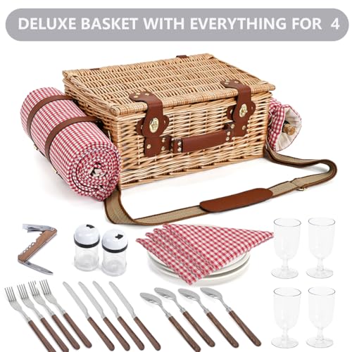 Picnic Basket with Blanket and Wine Pouch for 4, Wicker Picnic Set with Insulated Liner Cooler Bag Hamper for Camping,Wedding - Red Gingham - color: Red Gingham With Blanket for 4