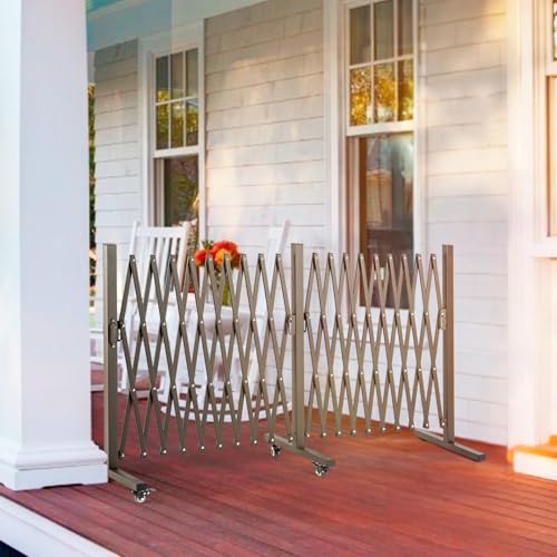 TECSPACE Aluminum Expandable Garden Fence, Portable Barricade Gate with Casters, Adjustable Retractable Fence Mobile Barricade Safety Barrier (Brown, 201×15×41 inch) - color: Brown, size: 201×15.2×40.6 Inch