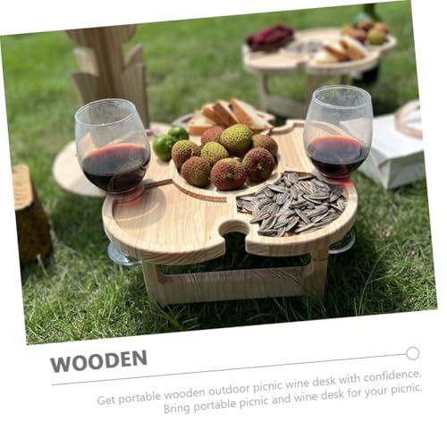 Portable Folding Beach Table for Outdoor Picnic and Camping, Wood Wine Desk with Wine Holder Tray, 35cm Diameter Portable Beverage Table for Patio and Lawn Use