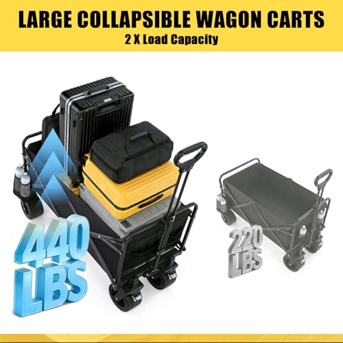 440 LBS Wagons Carts Foldable, Beach Cart with Big All-Terrain Wheels for Sand, Collapsible Folding Wagon with Cup Holders, Utility Carts for Camping, Beach, Garden and Shopping