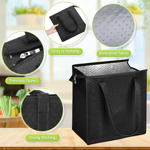 10 Pack Large Insulated Grocery Bags Reusable Shopping Bags with Zippered Top 13 x 12 x 7 Inch Thermal Cooler Totes Bulk with Handles for Hot Cold Food Delivery Refrigerator (Black) - color: Black
