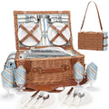 Picnic Basket Set for 4 Persons - Picnic Baskets with Large Insulated Cooler Compartment, Adjustable Shoulder Strap, Willow Hamper and Waterproof Blanket Set with Cutlery Service Kit - color: Light Tan for 4 Persons With Strap