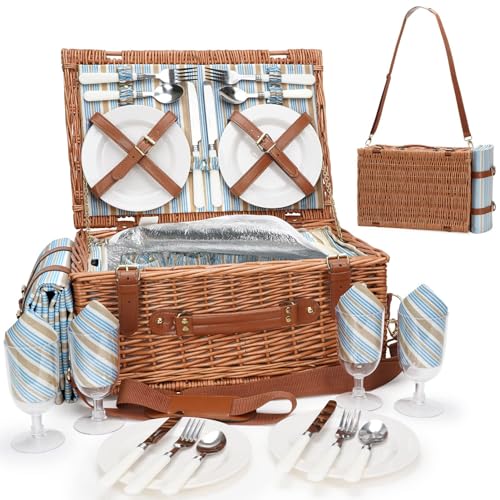 Picnic Basket Set for 4 Persons - Picnic Baskets with Large Insulated Cooler Compartment, Adjustable Shoulder Strap, Willow Hamper and Waterproof Blanket Set with Cutlery Service Kit - color: Light Tan for 4 Persons With Strap
