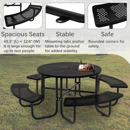 46-inch Black Round Outdoor Picnic Table with Umbrella Hole - Heavy Duty Coated Steel Metal Patio Dining Set for Garden, Courtyard, BBQ & Commercial Use - color: Black-round