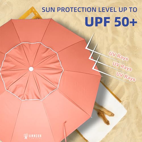 AMMSUN 8 Feet Large Beach Umbrella with Sand Anchor Heavy Duty High Wind Portable Outdoor Umbrellas UV 50+ Protection Air Vent Tilt Patio Garden Pool - color: Red