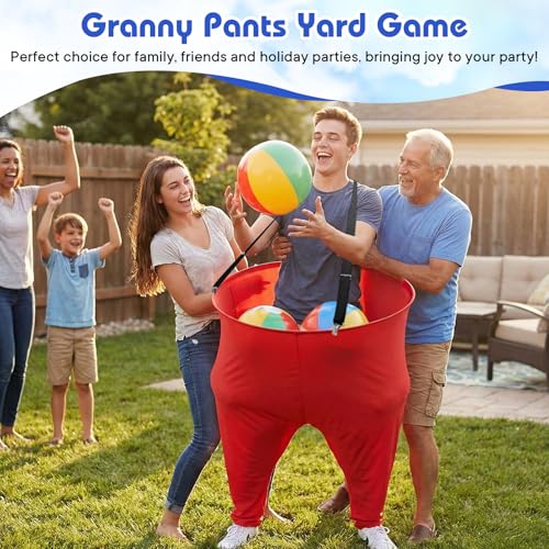 2 Pcs Granny Pants Yard Game with Suspenders, 16 Bouncy Balls & 2 Pumps - Hilarious Outdoor Party Game for Adults, Kids, Family Reunions & Field Days