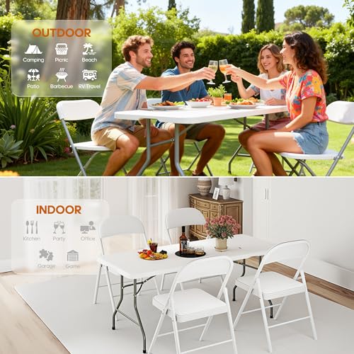 5ft Folding Table Heavy Duty 350 LBS Capacity Foldable Table with 18% Thicker HDPE Waterproof Top & Reinforced Steel Frame, Portable Fold-in-Half Table for Outdoor Indoor Party Wedding Camping - color: White, size: 5Ft