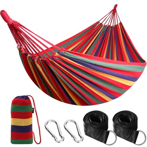 ANYOO Cotton Hammock Portable Camping Hammocks for Hanging Sturdy Garden Comfortable Fabric Hammock with Tree Straps Up to 660lbs with Travel Bag for Camping Outdoor/Indoor Patio Backyard - color: Red