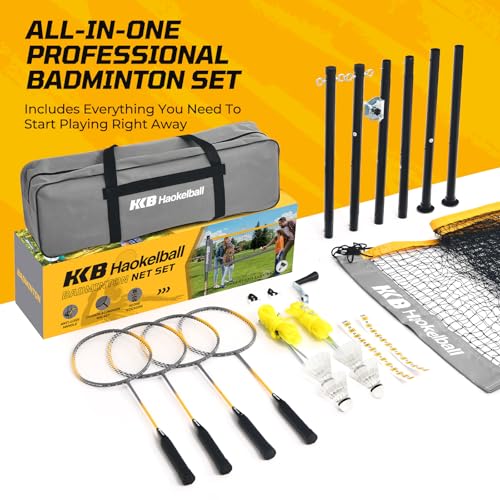 Haokelball Professional Badminton Set for Backyard & Outdoor, Heavy Duty Badminton Net with Anti-Sag Design, Premium Carbon Fiber Rackets Set of 4, Shuttlecocks, Portable Carry Bag, Gift Box Included