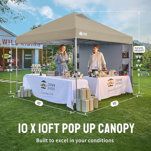 CROWN SHADES Canopy Tent 10x10 Pop Up Canopy Outdoor Shade with Pockets Sidewall, Easy Up Sun Shelter with One Person Set Up Center Lock, Portable Instant Camping Beach Canopy Tents, Beige - color: Beige