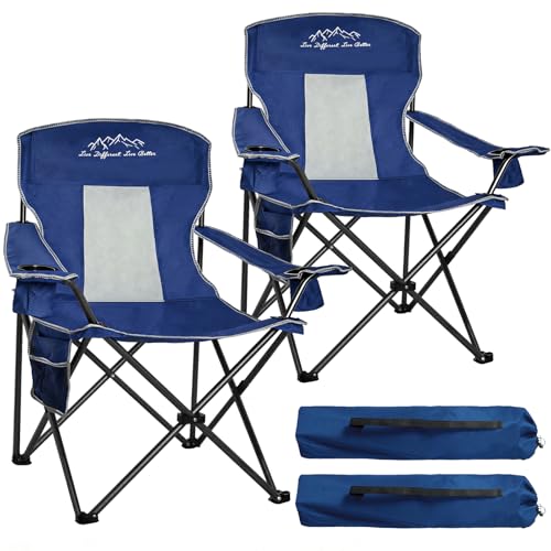 Outdoor Folding Camping Chair with Cup Holder, Storage Bag, Large Anti-Sink Feet, 400lbs Capacity, 2 Pack Breathable Mesh Portable Chair for Camping, Beach, Fishing, Sports, Blue - color: Blue, size: 2 Pack