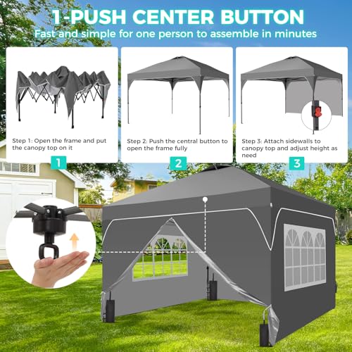 8x8 FT Pop Up Canopy with 1-Button Push, 4 Removable Sidewalls, Sandbags, Instant Canopy Tent for Outdoor Events - color: Gray, size: 8x8 with Sidewalls