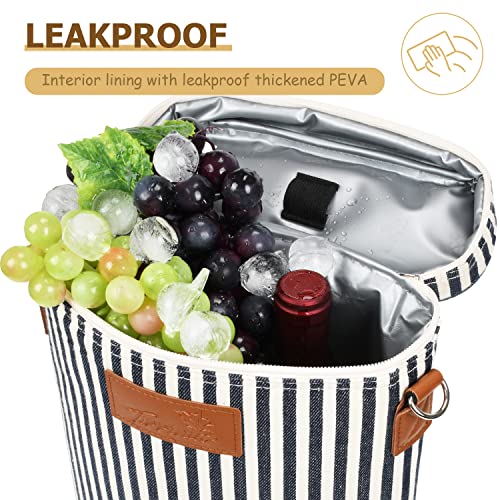 Tirrinia 2 Bottle Insulated Wine Tote Carrier - Leakproof, Padded Cooler Bag for Travel, BYOB, Tasting, Parties - Great Gift for Wine Lovers, Striped - color: Blue Stripe, size: 2 Bottle-without front pocket
