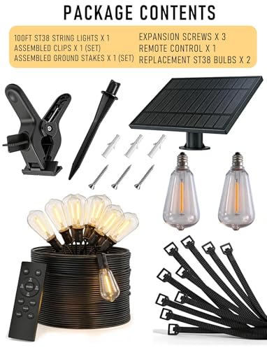 TW SHINE 100 FT Solar String Lights Outdoor, 31+2 LED Waterproof Shatterproof Bulbs with Remote Dimmable Timer, 3 Lighting Modes Patio Light for Garden Yard Wedding Party Holiday Decoration