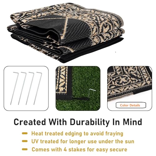 Outdoor Rug 8'x10' for Patios Waterproof Patio Rugs Outdoor Mats for Front Porch,Beach Mat,Reversible Plastic Straw Camping Rugs for Outside RV,Deck,Balcony,Backyard，Black&Beige - color: Black&beige&orange, size: 8' x 10'
