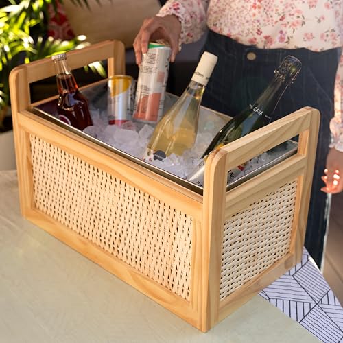 Twine Rattan and Wood Bottle Cooler Basket, Beverage Tubs for Parties, Beverage Chiller Ice Bucket for Drinks with Handles, Holds 8 Wine Bottles or 6.5 Gallons Set of 1 - style: Rattan & Wood
