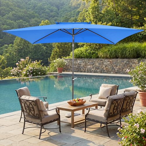 6.6 x 10 ft Rectangular Patio Umbrella, Outdoor Market Table Umbrella with Push Button Tilt and Crank, Double-Tier Vent, 6 Ribs, Rectangle Patio Umbrella for Backyard, Deck, Pool, Fits 4–6 Chairs and Tables (Blue) - color: Blue