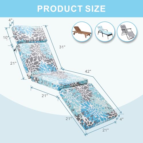 JMGBird 73" Outdoor Chaise Lounge Cushion - Waterproof Tri-Fold Patio Chair Cushion with Removable Cover, Thick Padded for Pool Garden Furniture - color: Light Blue With White