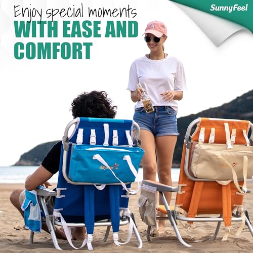 SUNNYFEEL Low Beach Chair, 5-Position Lay Flat Reclining, Backpack Portable Folding Chair with Cooler Bag & Cup Holder, Heavy Duty 350 LBS, Compact for Beach, Camping, Travel - color: Orange, size: 1-pack