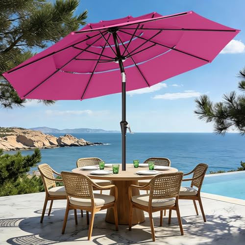 AreShark 9ft 3-Tier Patio Umbrellas, Outdoor Umbrella with 8 Sturdy Ribs UV Protection Windproof, Market Table Umbrella w/Push Button Tilt & Crank for Pool, Porch, Deck, Garden(Rose Pink) - color: Rose Pink