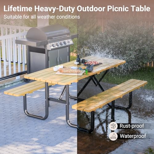 Outdoor Wooden Picnic Table Heavy Duty Picnic Tables Benches Set with Umbrella Hole , 72” Dining Table Set for 6 Person Metal Frame & Solid Wood Waterproof Tabletop for Backyard, Porch, Patio(Natural - size: Heavy Duty-yellow