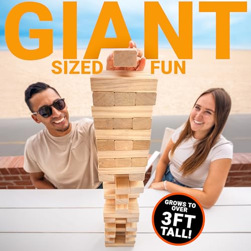 GoSports Giant Wooden Outdoor Stacking Game – Stacks Up to 3 ft – Large Toppling Tower with Case for Yard Games, Family Game Night, Camping, and Parties - color: Brown