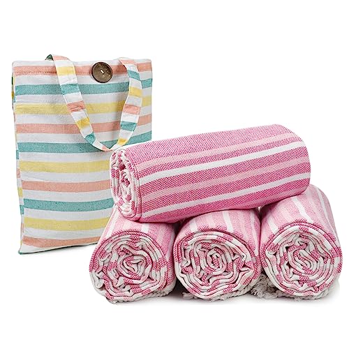 HILLFAIR Cotton Turkish Beach Towels, Quick Dry Lightweight Sand Free Peshtemal Towel for Bath Swim Yoga Spa Travel, Beach Accessories, Oversized Cotton Turkish Towels (39 x 72 inch- 4 Pack Pink) - color: Pink, size: 39 x 72 inch ( Beach towel - 4 PACK )