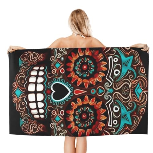 Sugar Skulls Day of the Dead Beach Towel Oversized 52 x 32 in Sand Free Pool Swim Towels for Adult Travel Blanket Lightweight Quick Dry Absorbent Bath Towels Cruise Vacation Accessories
