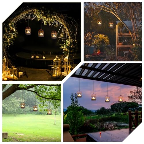Solar-Hanging-Lanterns-Outdoor-Waterproof, Rust Birdcage Style Candle Holders with Flickering Solar Tea Lights for Backyard Patio Garden Fence Tree Decoration (3)